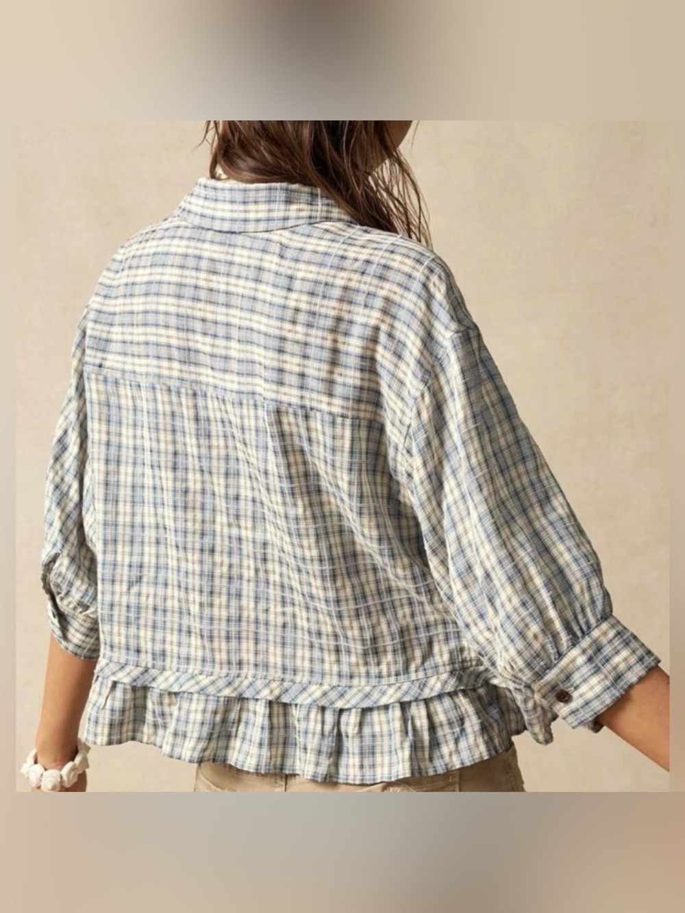 NWOT Women's Blue Plaid Ruffle Hem Button-Down Shirt / boxy cropped - Picture 6 of 9